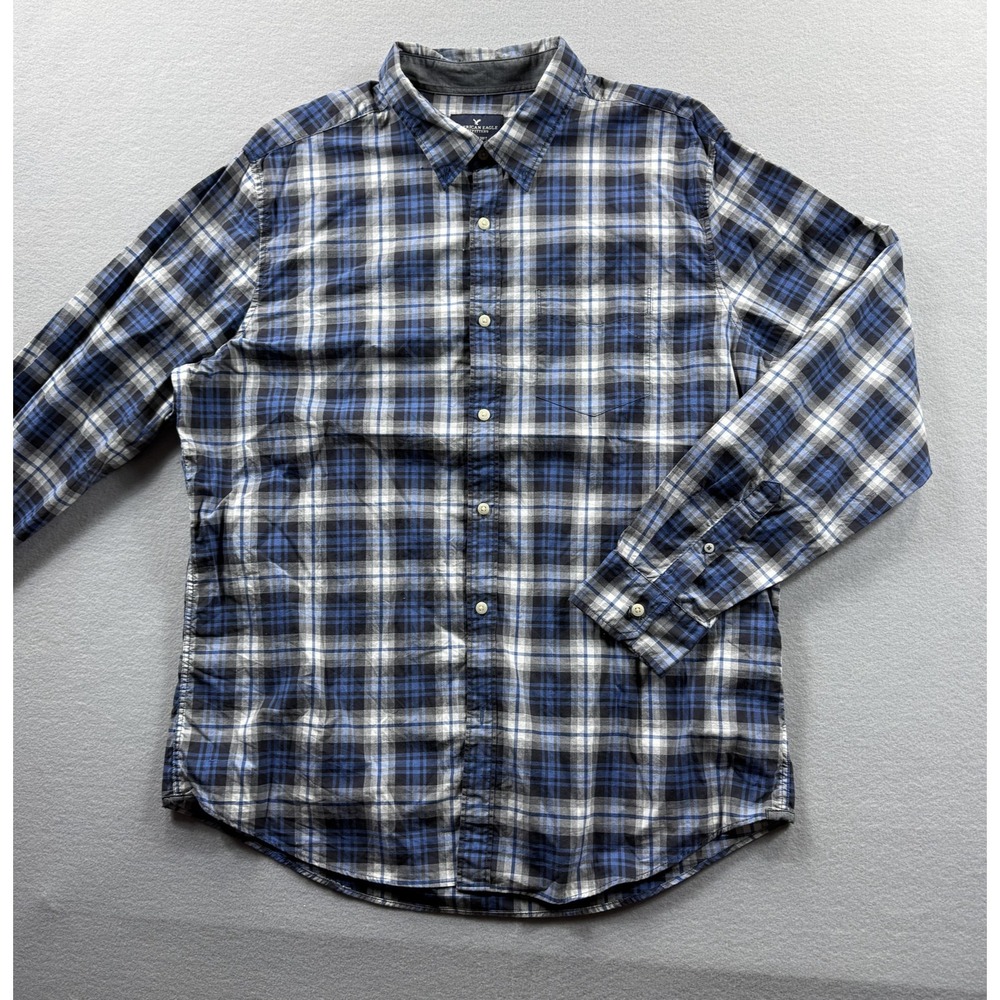 American Eagle Outfitters Shirt Mens XL Blue Plaid Long Sleeve Button Top